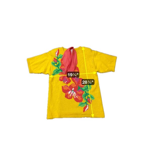 Vintage P.A. International Yellow Knit Top Red Floral Design Red Scarf Sz Large - Picture 6 of 9